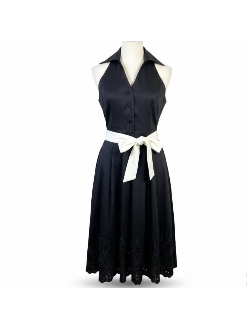 Spenser Jeremy Womens Black Halter Dress W/ White Belt Floral Detail Size 4